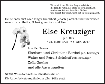 Traueranzeige von Else Kreuziger von Siegener Zeitung