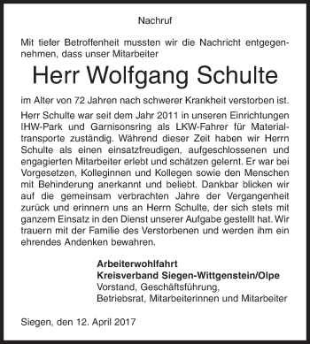 Traueranzeige von Wolfgang Schulte von Siegener Zeitung