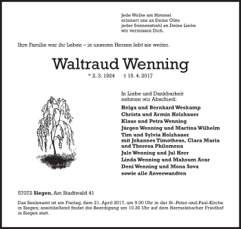 Traueranzeige von Waltraud Wenning von Siegener Zeitung