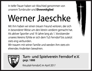 Traueranzeige von Werner Jaeschke von Siegener Zeitung