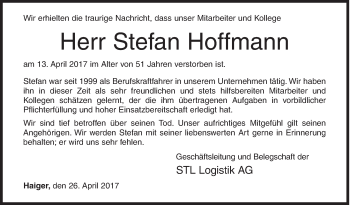 Traueranzeige von Stefan Hoffmann von Siegener Zeitung