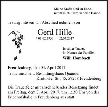 Traueranzeige von Gerd Hille von Siegener Zeitung