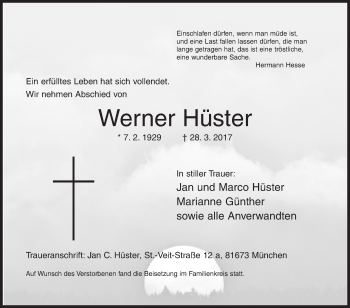 Traueranzeige von Werner Hüster von Siegener Zeitung