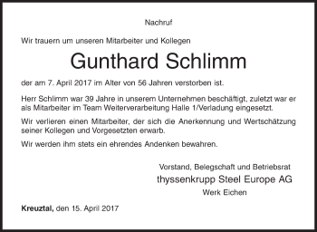 Traueranzeige von Gunthard Schlimm von Siegener Zeitung