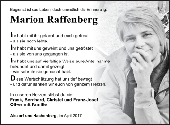 Traueranzeige von Marion Raffenberg von Siegener Zeitung