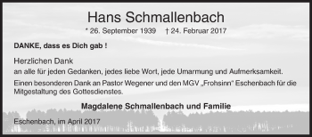 Traueranzeige von Hans Schmallenbach von Siegener Zeitung