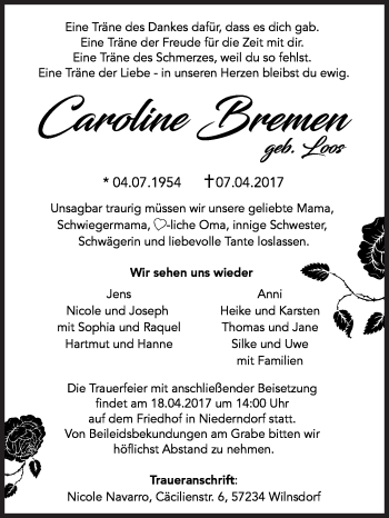 Traueranzeige von Caroline Bremen von Siegener Zeitung