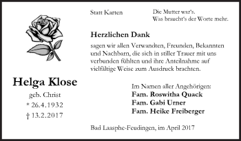 Traueranzeige von Helga Klose von Siegener Zeitung