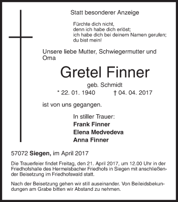 Traueranzeige von Gretel Finner von Siegener Zeitung