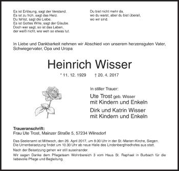 Traueranzeige von Heinrich Wisser von Siegener Zeitung