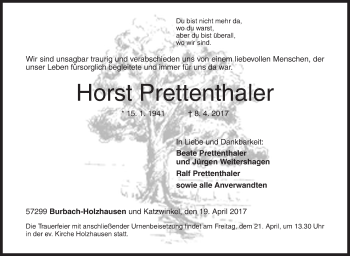 Traueranzeige von Horst Prettenthaler von Siegener Zeitung