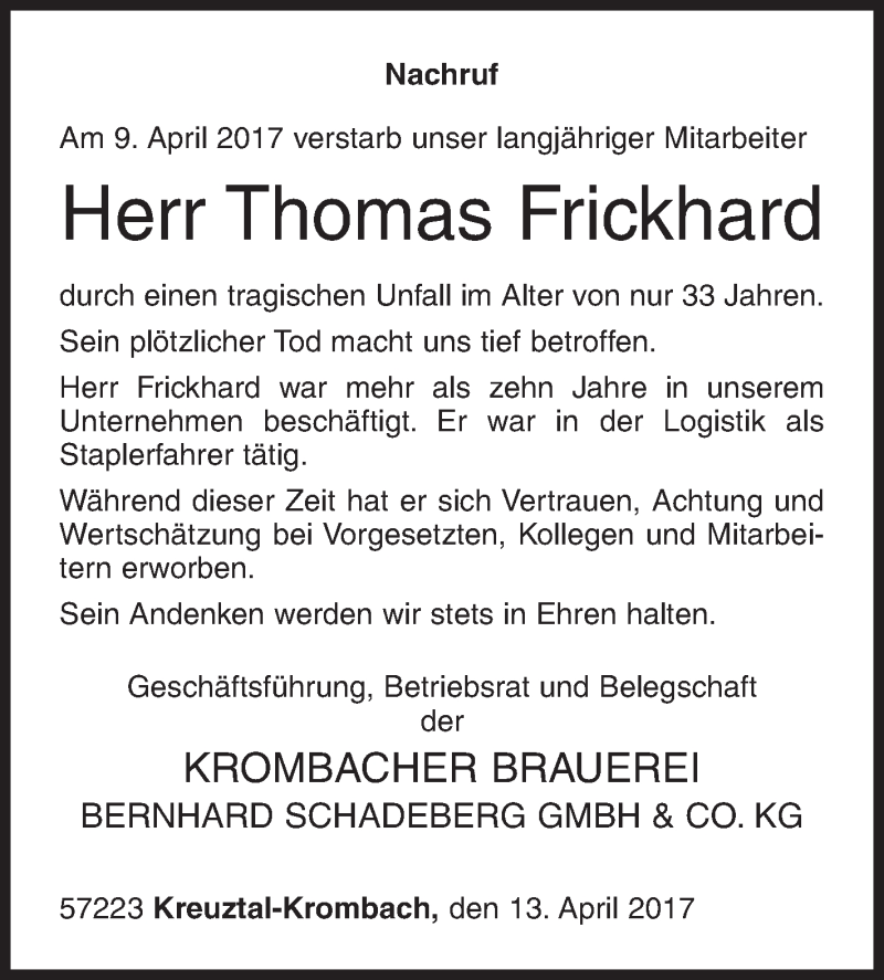  Traueranzeige für Thomas Frickhard vom 13.04.2017 aus Siegener Zeitung