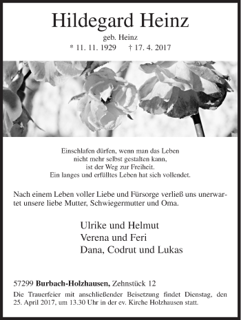 Traueranzeige von Hildegard Heinz von Siegener Zeitung