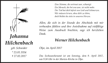 Traueranzeige von Johanna Hilchenbach von Siegener Zeitung