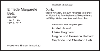 Traueranzeige von Elfriede Margarete  Betz von Siegener Zeitung