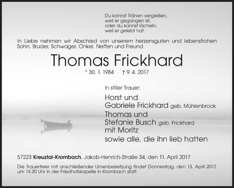  Traueranzeige für Thomas Frickhard vom 11.04.2017 aus Siegener Zeitung