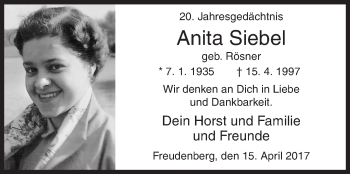 Traueranzeige von Anita Siebel von Siegener Zeitung