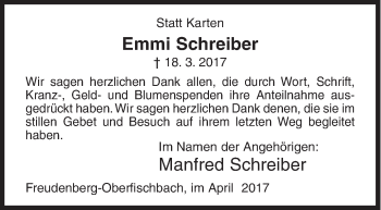 Traueranzeige von Emmi Schreiber von Siegener Zeitung