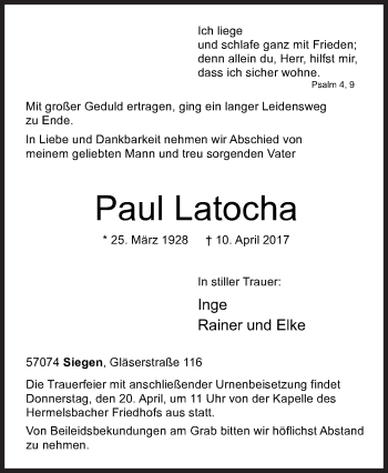 Traueranzeige von Paul Latocha von Siegener Zeitung