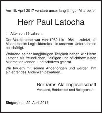 Traueranzeige von Paul Latocha von Siegener Zeitung