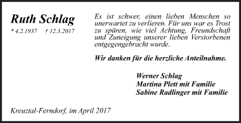 Traueranzeige von Ruth Schlag von Siegener Zeitung