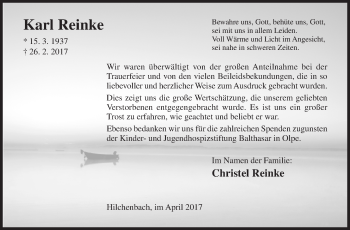 Traueranzeige von Karl Reinke von Siegener Zeitung