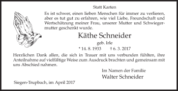 Traueranzeige von Käthe Schneider von Siegener Zeitung