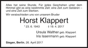 Traueranzeige von Horst Klappert von Siegener Zeitung
