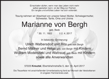 Traueranzeige von Marianne von Bergh von Siegener Zeitung