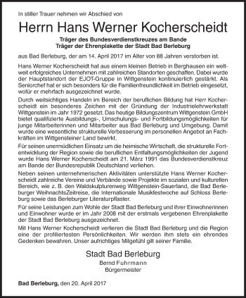 Traueranzeige von Hans Werner Kocherscheidt von Siegener Zeitung
