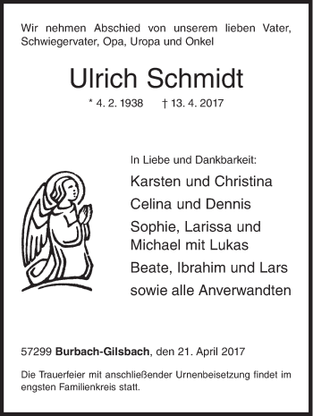 Traueranzeige von Ulrich Schmidt von Siegener Zeitung