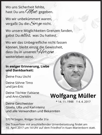 Traueranzeige von Wolfgang Müller von Siegener Zeitung