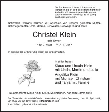 Traueranzeige von Christel Klein von Siegener Zeitung