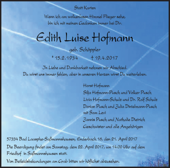 Traueranzeige von Edith Luise Hofmann von Siegener Zeitung