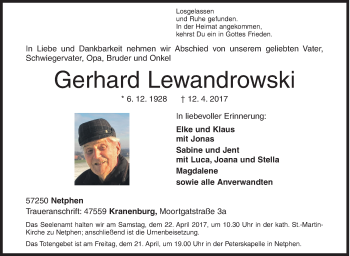 Traueranzeige von Gerhard Lewandrowski von Siegener Zeitung