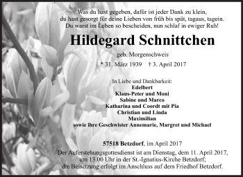 Traueranzeige von Hildegard Schnittchen von Siegener Zeitung