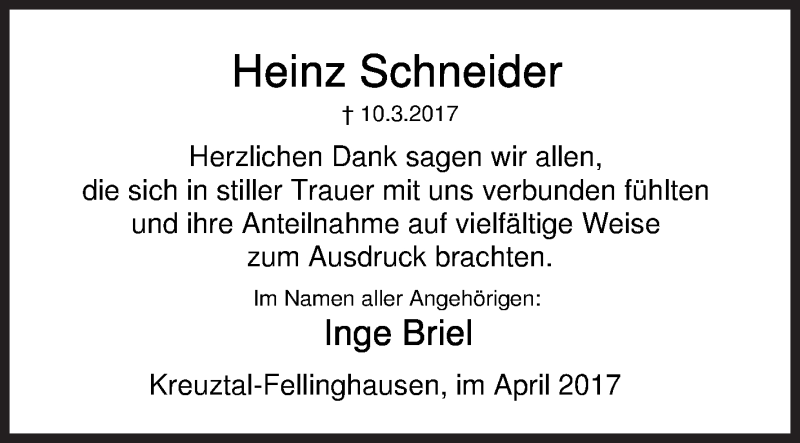  Traueranzeige für Heinz Schneider vom 22.04.2017 aus Siegener Zeitung