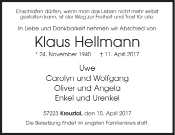 Traueranzeige von Klaus Hellmann von Siegener Zeitung