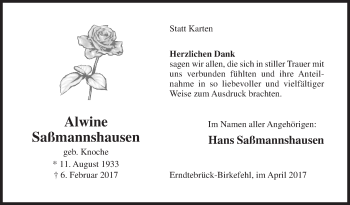 Traueranzeige von Alwine Saßmannshausen von Siegener Zeitung