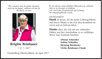 Traueranzeige von Brigitte Beinhauer von Siegener Zeitung
