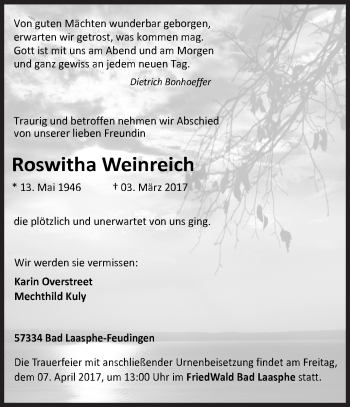 Traueranzeige von Roswitha Weinreich von Siegener Zeitung