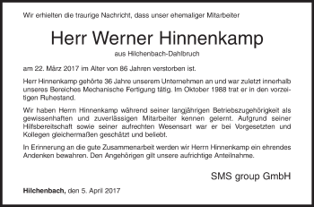 Traueranzeige von Werner Hinnenkamp von Siegener Zeitung