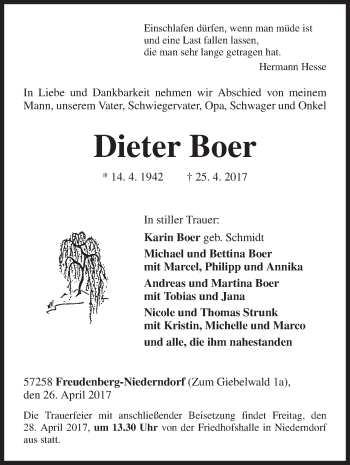 Traueranzeige von Dieter Boer von Siegener Zeitung