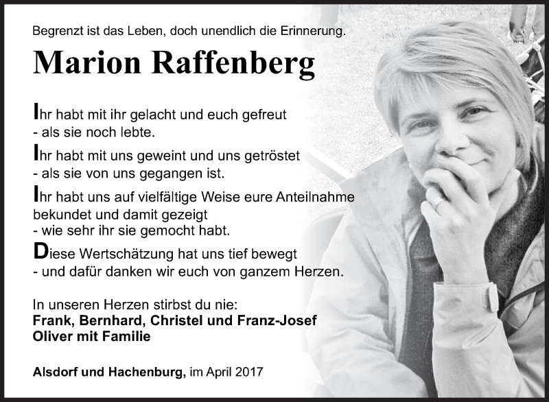  Traueranzeige für Marion Raffenberg vom 15.04.2017 aus Siegener Zeitung