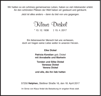 Traueranzeige von Klaus Dickel von Siegener Zeitung
