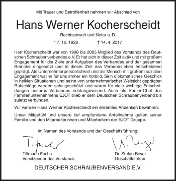 Traueranzeige von Hans Werner Kocherscheidt von Siegener Zeitung