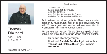 Traueranzeige von Thomas Frickhard von Siegener Zeitung