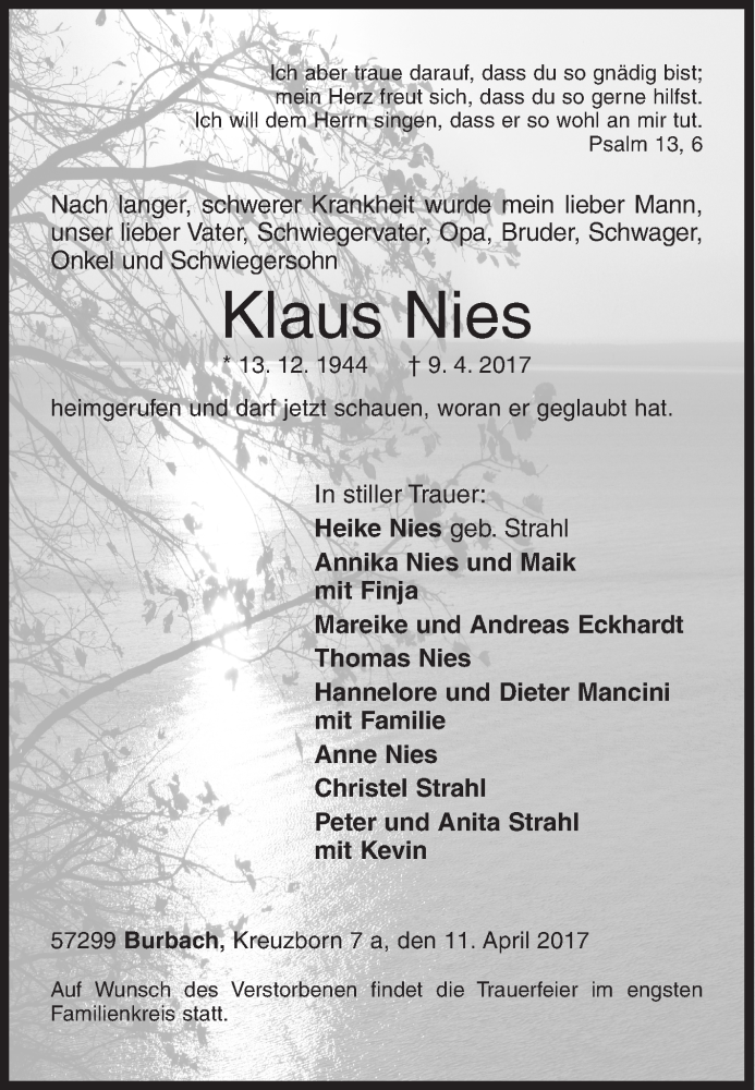  Traueranzeige für Klaus Nies vom 11.04.2017 aus Siegener Zeitung