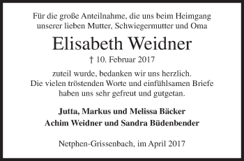 Traueranzeige von Elisabeth Weidner von Siegener Zeitung
