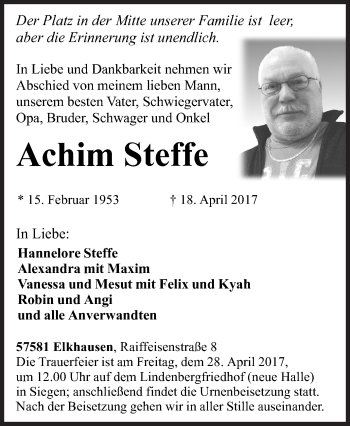 Traueranzeige von Achim Steffe von Siegener Zeitung